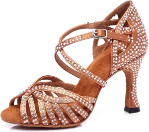 Women's Stylish Sparkle Rhinestones Peep Toe Satin Ballroom Jazz Tango Modern Party Wedding Professional Dance Shoes Bronze US 9.5