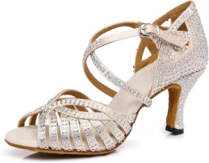 Women's Stylish Sparkle Rhinestones Peep Toe Satin Ballroom Jazz Tango Modern Party Wedding Professional Dance Shoes Nude US 9.5
