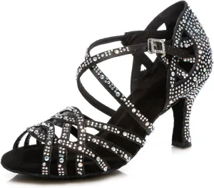 Women's Stylish Sparkle Rhinestones Peep Toe Satin Ballroom Modern Tango Party Wedding Practice Dance Shoes Black US 6