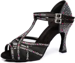 Women's Stylish Sparkle Rhinestones Peep Toe Satin Ballroom Salsa Party Wedding Practice Dance Shoes Black US 8