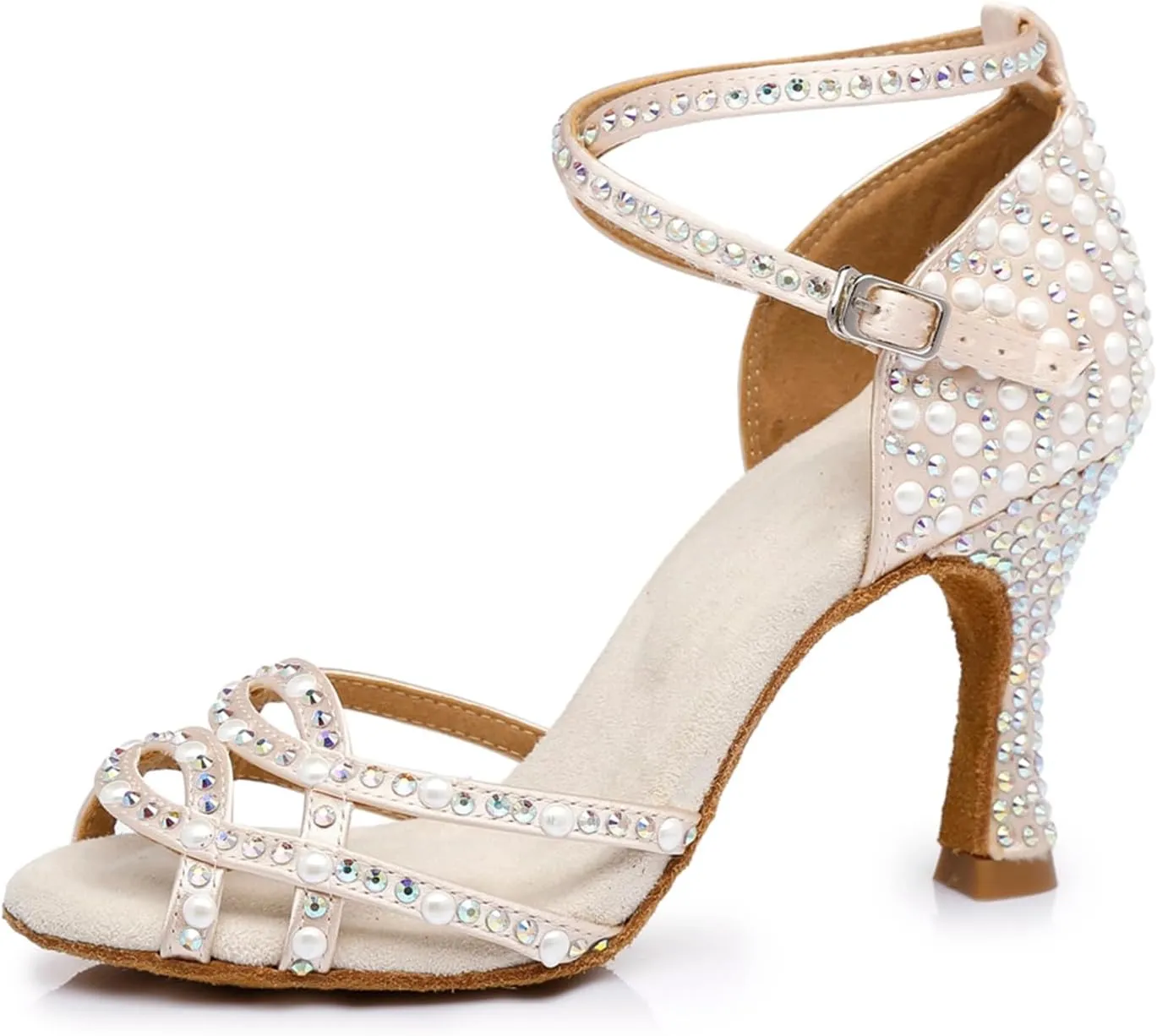 Women's Stylish Sparkle Rhinestones Peep Toe Satin Ballroom Samba Modern Party Wedding Professional Dance Shoes Nude US 4.5
