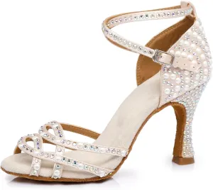 Women's Stylish Sparkle Rhinestones Peep Toe Satin Ballroom Samba Modern Party Wedding Professional Dance Shoes Nude US 4.5