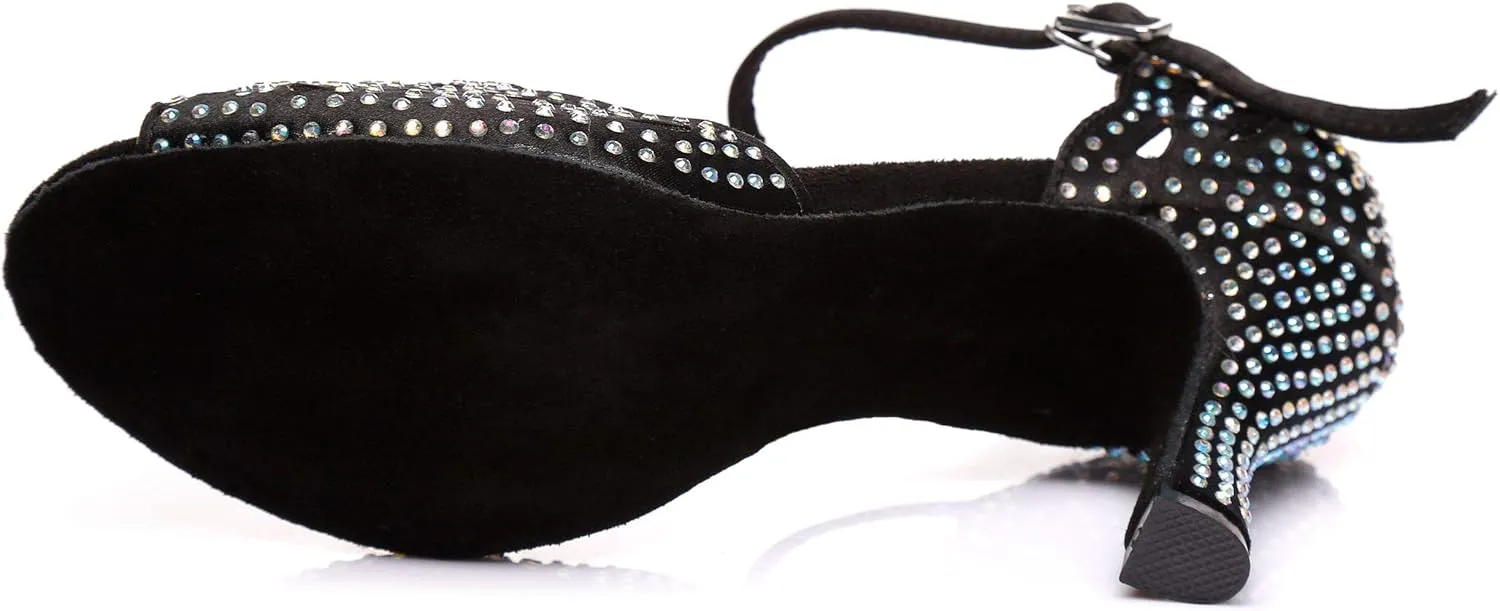 Women's Suede Sole Rhinestone Ballroom Dance Shoes Latin Salsa Glitter Performance Dance Shoes