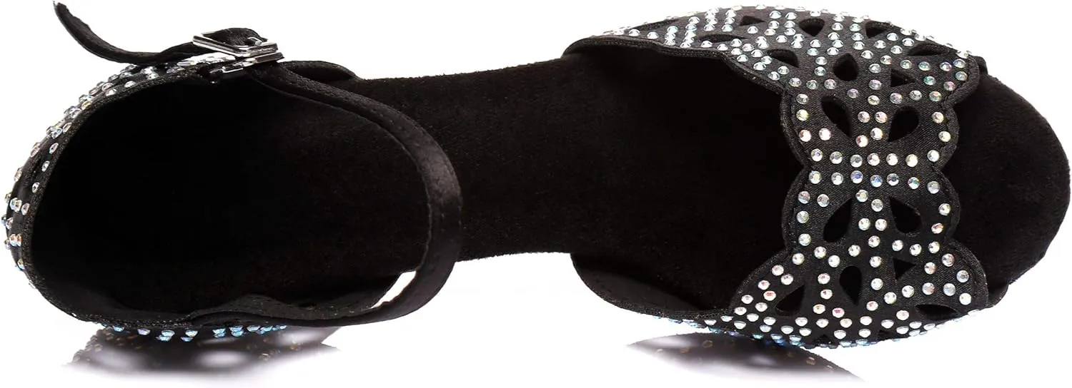 Women's Suede Sole Rhinestone Ballroom Dance Shoes Latin Salsa Glitter Performance Dance Shoes
