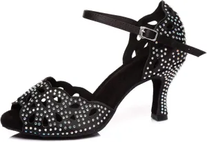 Women's Suede Sole Rhinestone Ballroom Dance Shoes Latin Salsa Glitter Performance Dance Shoes