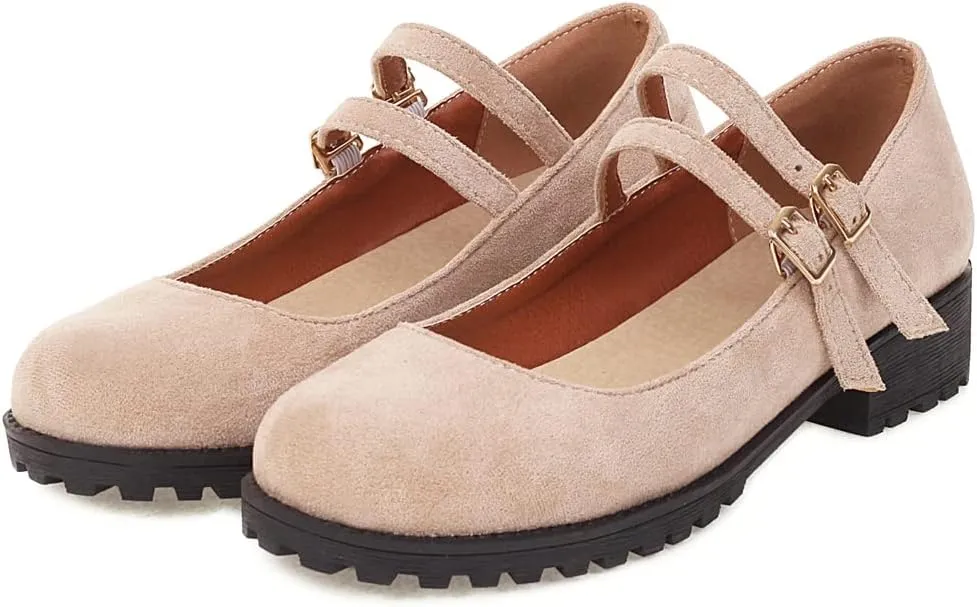 Women's Vintage Mary Jane Loafers Flats Round Toe Vegan Suede Low Heel Girls Dress Oxford Shoes