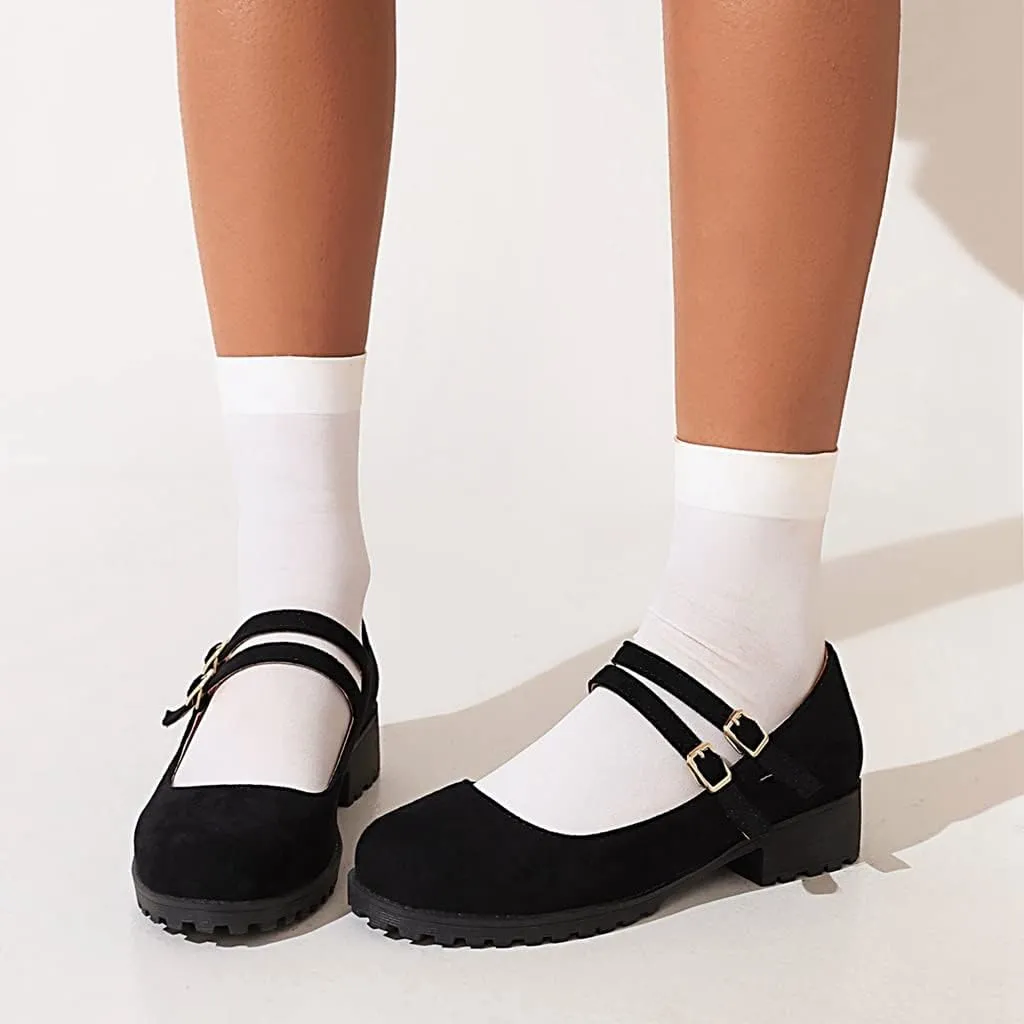 Women's Vintage Mary Jane Loafers Flats Round Toe Vegan Suede Low Heel Girls Dress Oxford Shoes