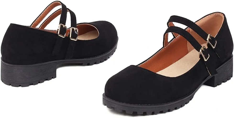 Women's Vintage Mary Jane Loafers Flats Round Toe Vegan Suede Low Heel Girls Dress Oxford Shoes