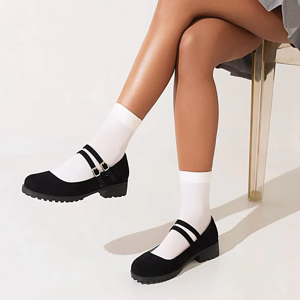 Women's Vintage Mary Jane Loafers Flats Round Toe Vegan Suede Low Heel Girls Dress Oxford Shoes