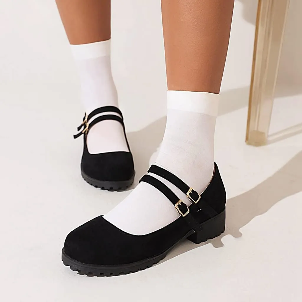 Women's Vintage Mary Jane Loafers Flats Round Toe Vegan Suede Low Heel Girls Dress Oxford Shoes