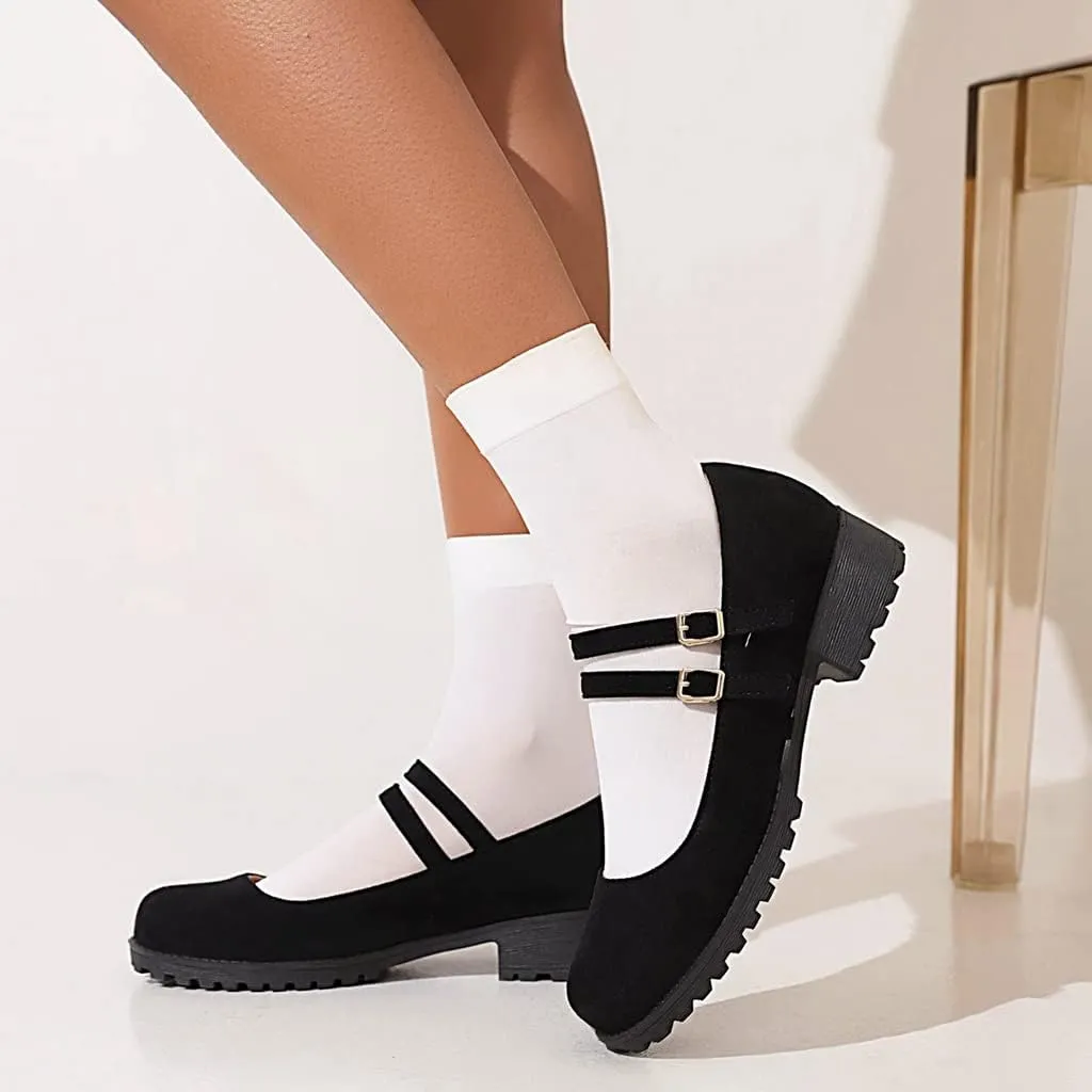 Women's Vintage Mary Jane Loafers Flats Round Toe Vegan Suede Low Heel Girls Dress Oxford Shoes
