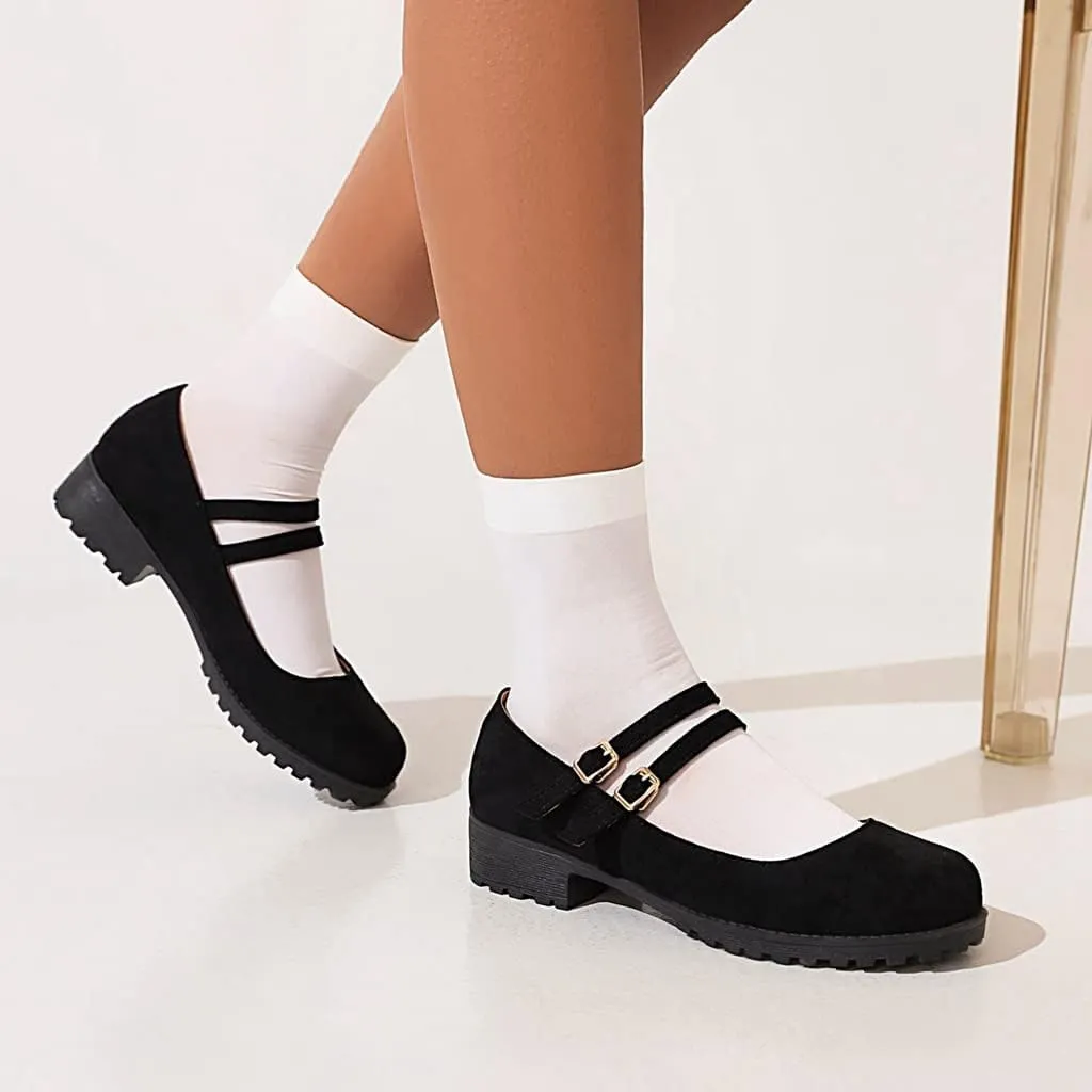Women's Vintage Mary Jane Loafers Flats Round Toe Vegan Suede Low Heel Girls Dress Oxford Shoes