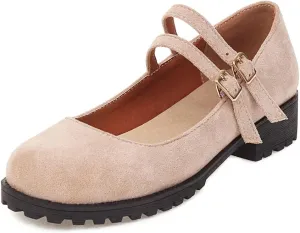 Women's Vintage Mary Jane Loafers Flats Round Toe Vegan Suede Low Heel Girls Dress Oxford Shoes